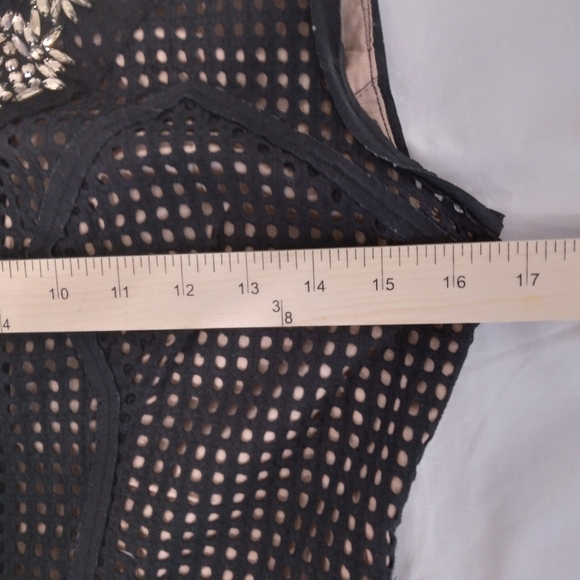 Size 2 BCBGMaxAzria Black and Nude Eyelet Dress Rhinestone Jeweled neckline - Picture 9 of 13